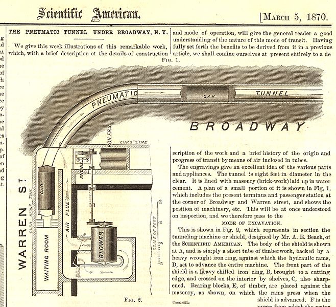 Schon 1870 schaffte es die pneumatische Vakuumbahn von Alfred Ely Beach in die Presse: Sein Beach Pneumatic Transit war der erste (gescheiterte) Versuch, in New York eine U-Bahn zu bauen. Bildquelle: https://en.wikipedia.org/wiki/Alfred_Ely_Beach