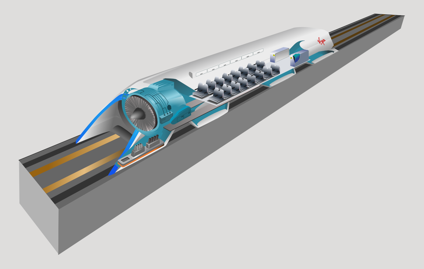 Das Teilvakuum verhilft zu schnelleren Geschwindigkeiten mit weniger Energieaufwand. Der Rest der Luft wird unter den Schlitten gezogen. Auf diesem Luftpolster gleitet der Hyperloop mit Geschwindigkeiten bis zu 1500 km/h. Bildquelle: https://de.wikipedia.org/wiki/Hyperloop 