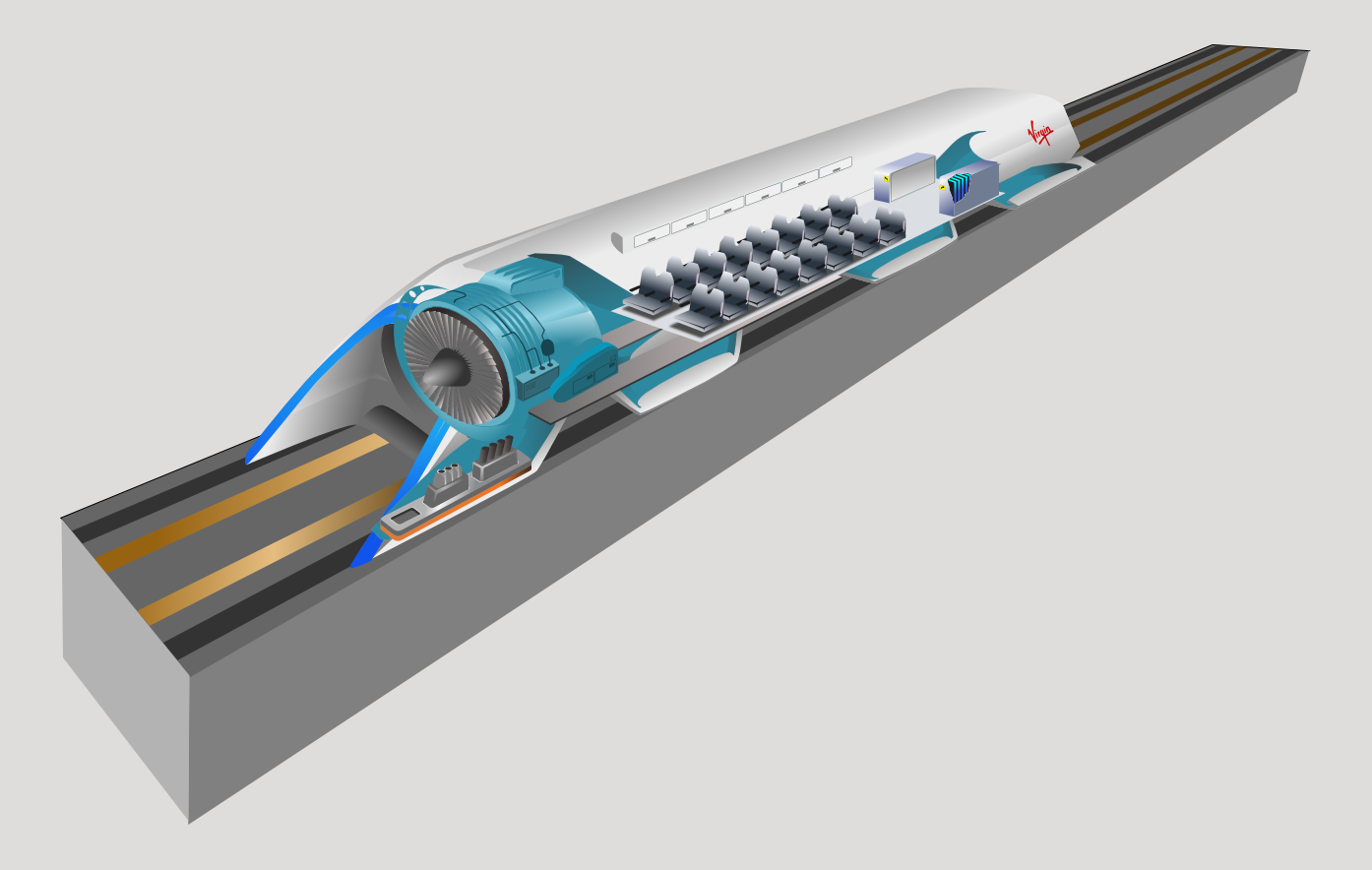 Das Teilvakuum verhilft zu schnelleren Geschwindigkeiten mit weniger Energieaufwand. Der Rest der Luft wird unter den Schlitten gezogen. Auf diesem Luftpolster gleitet der Hyperloop mit Geschwindigkeiten bis zu 1500 km/h. Bildquelle: https://de.wikipedia.org/wiki/Hyperloop