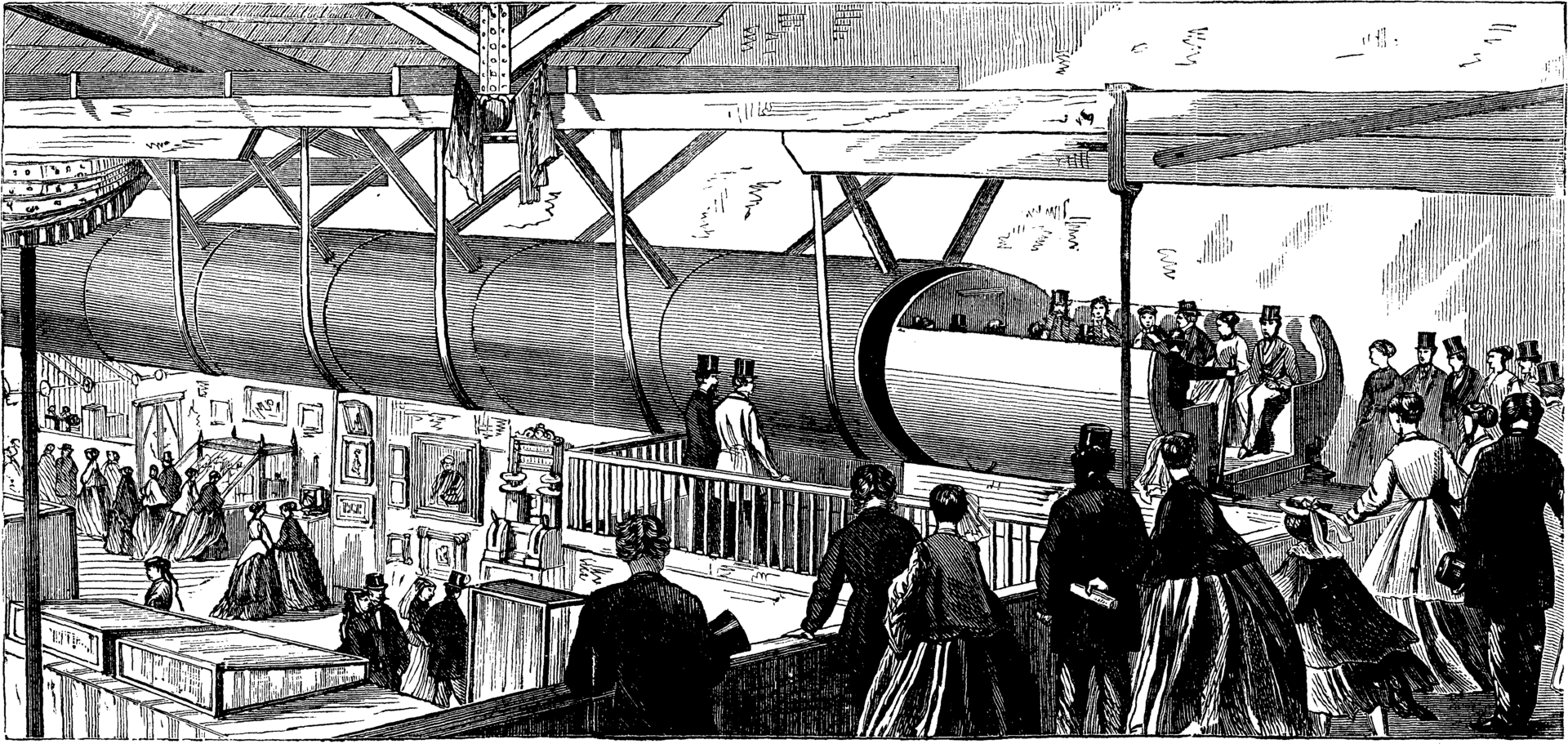 Basierend auf den Ideen von George Medhurst sieht man hier eine zeitgenössische Radierung von 1867, die ein Modell von Alfred Ely Beach pneumatischer Vakuumbahn illustriert. Bildquelle: https://en.wikipedia.org/wiki/Pneumatic_tube